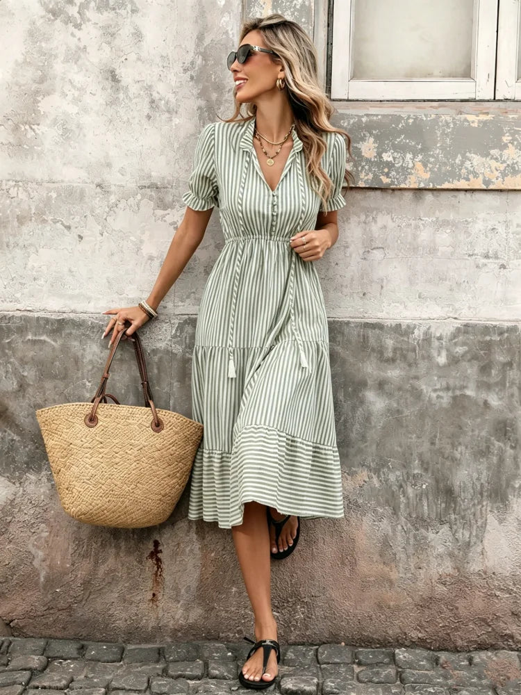 Francesca V Neck Striped Elastic Midi Dress