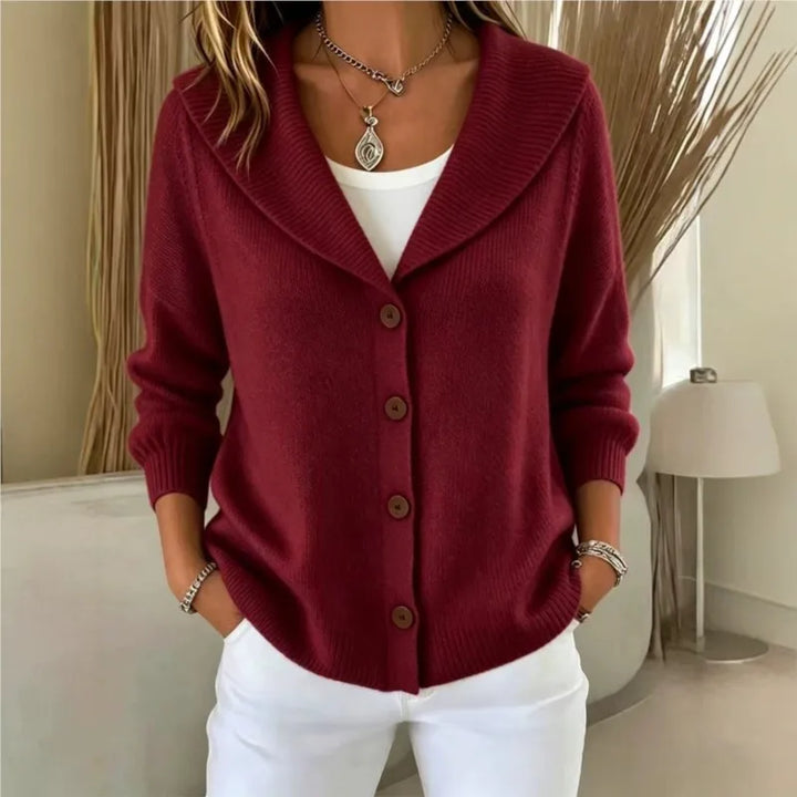 Woman wearing wine red shawl collar button front cardigan