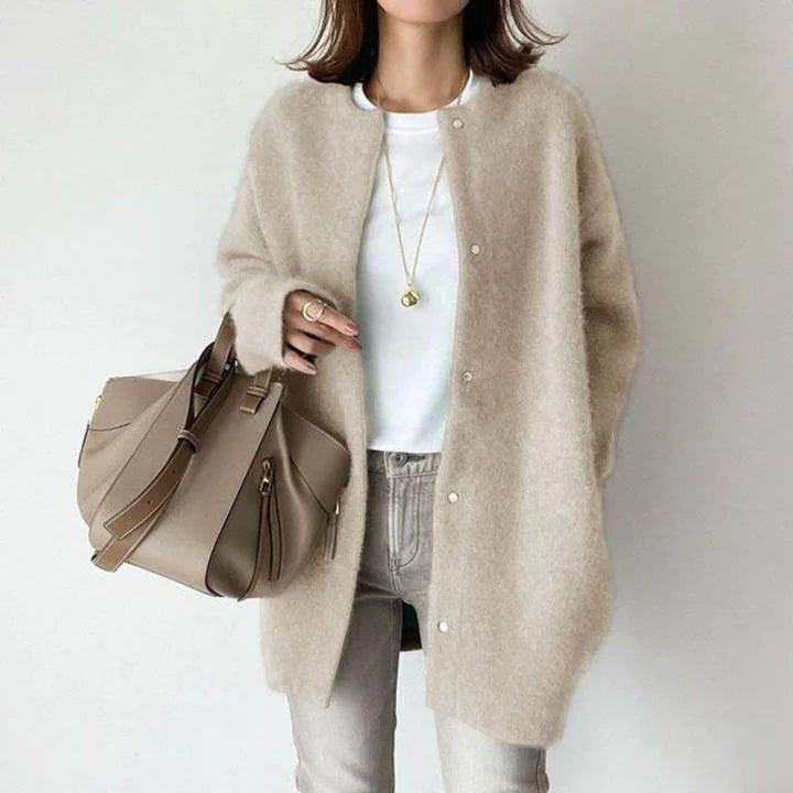 Off-white oversized knit cardigan with crew neck