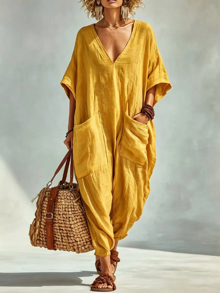 Serena V Neck Linen Blend Pocket Romper