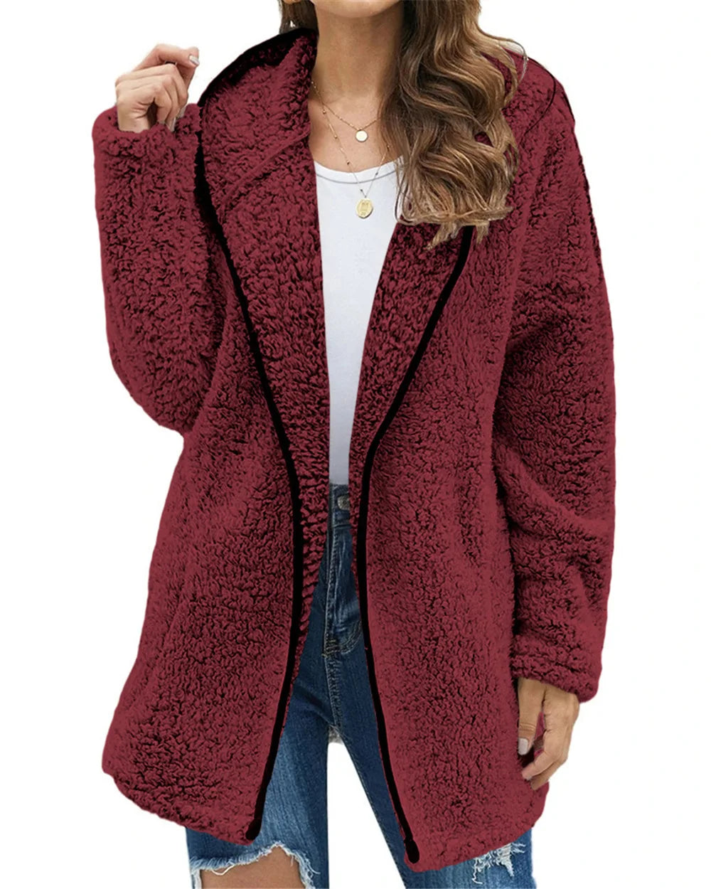 Woman wearing burgundy brushed sherpa hooded jacket with black trim