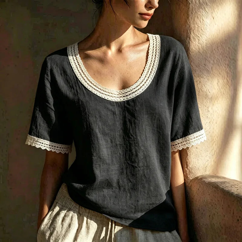 Valeria Lace Trim Linen Blouse