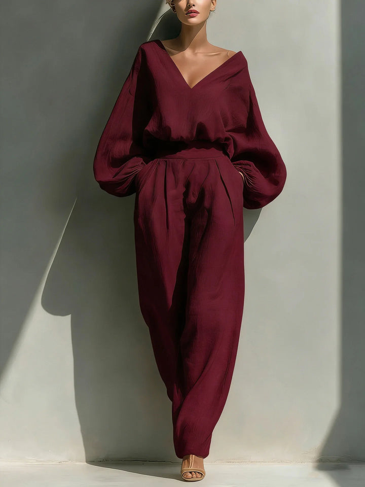 Genevieve Casual Deep V Neck Linen Pants Set