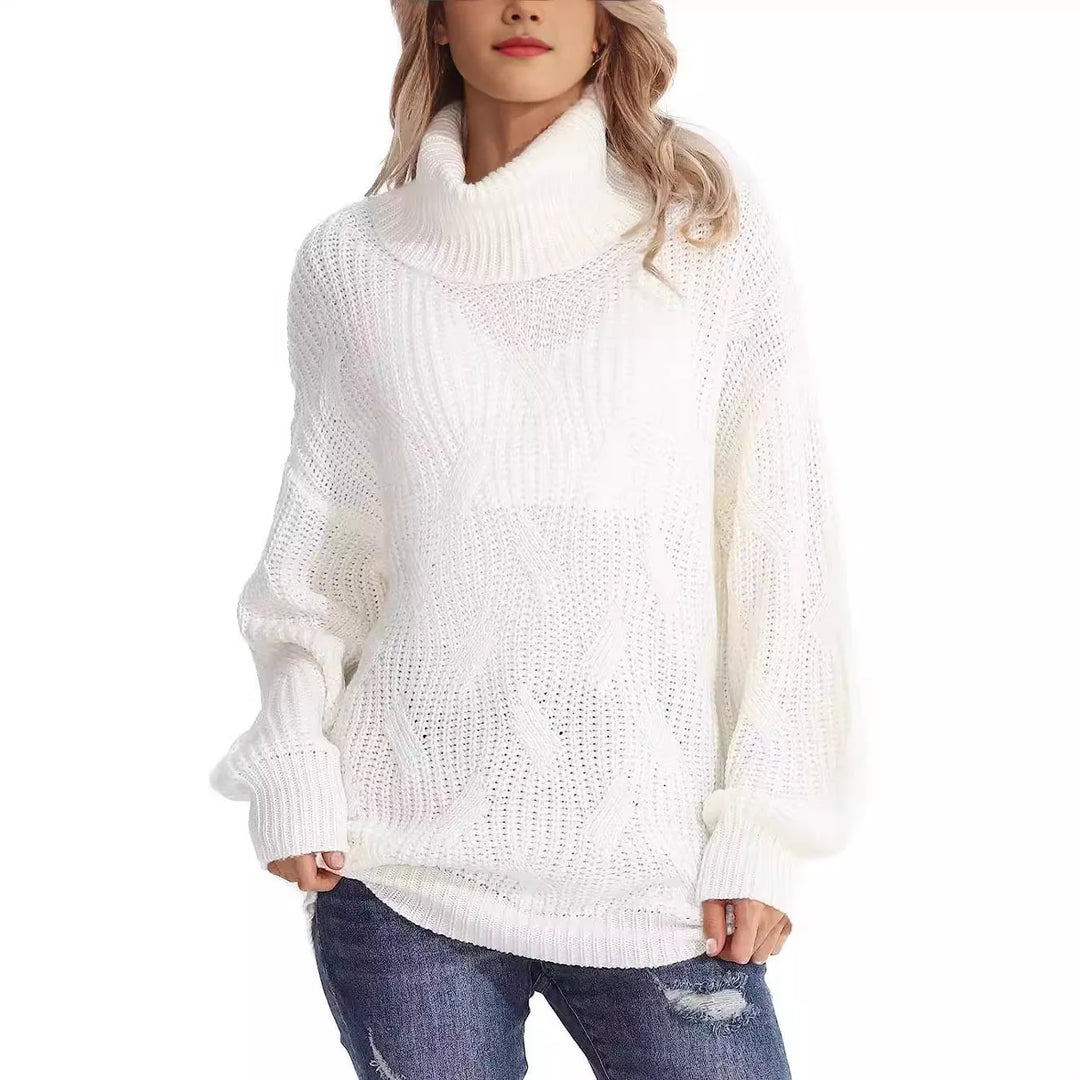 Woman wearing white cable knit oversized turtleneck sweater