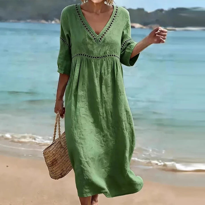Brenna Hollow Trim V-Neck Midi Dress