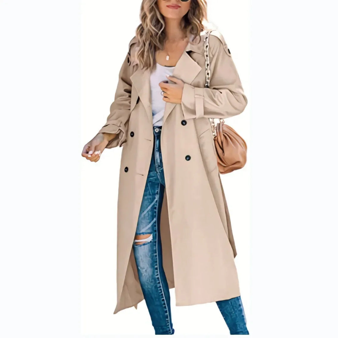 Woman wearing khaki oversized double breasted trench coat