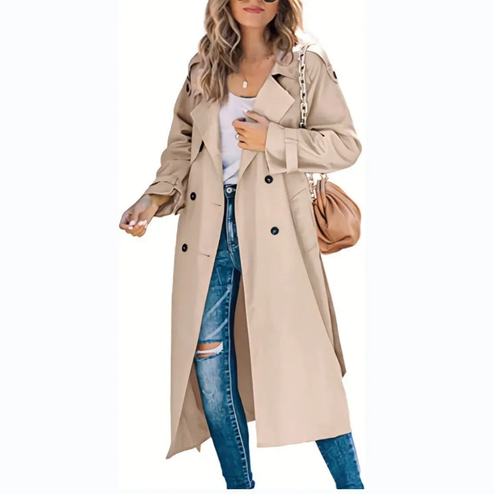 Woman wearing khaki oversized double breasted trench coat