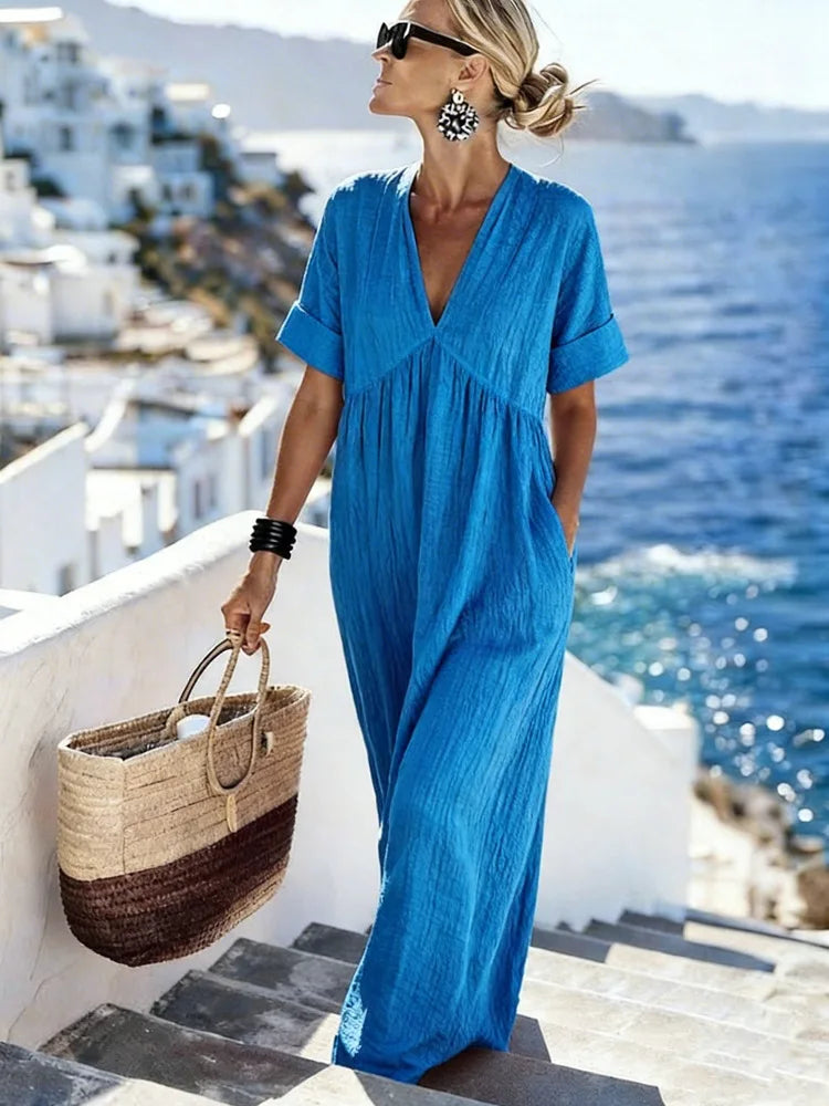 Roselyn Elegant Relaxed V Neck Maxi Dress