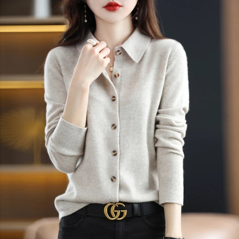 Beige polo collar knit cardigan, front view