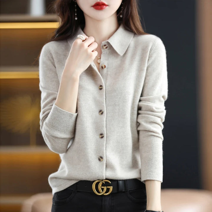 Beige polo collar knit cardigan, front view
