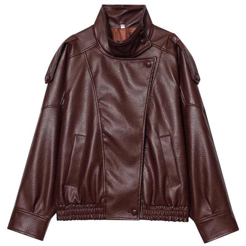 Burgundy leather bomber jacket with stand collar and snap closure, front view