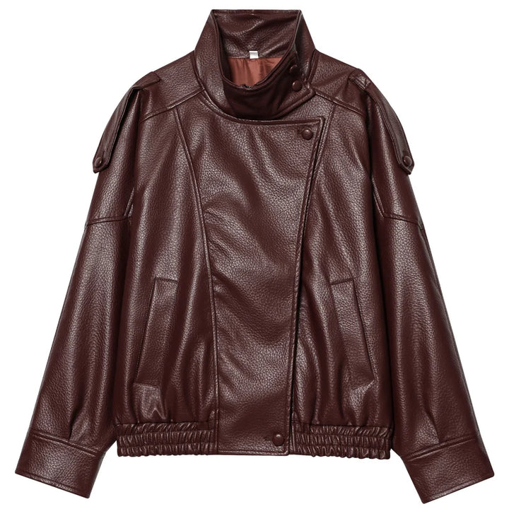Burgundy leather bomber jacket with stand collar and snap closure, front view