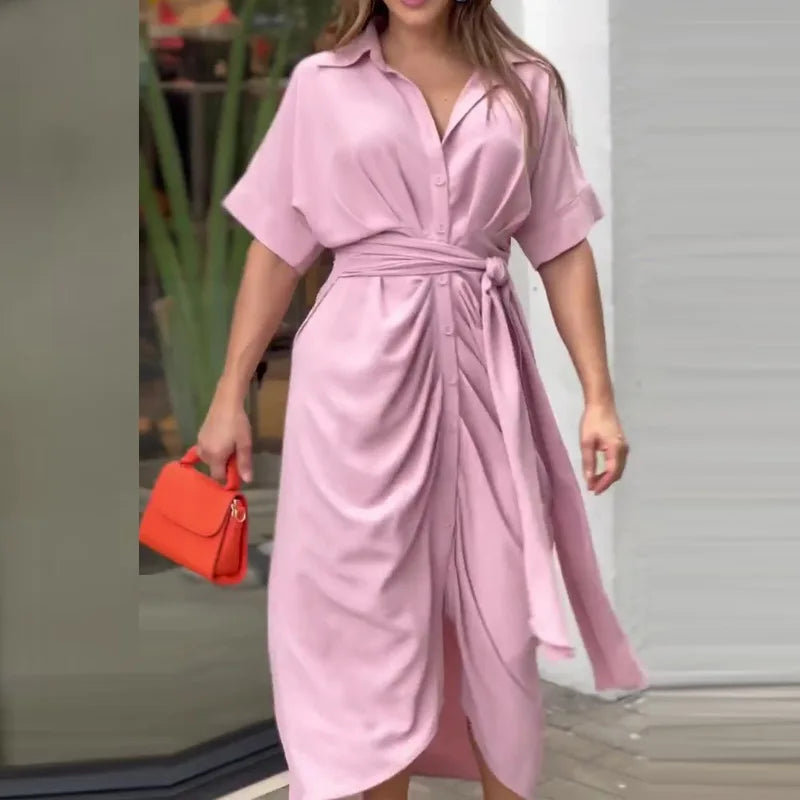 Rose Printed Tie Waist Shirt Midi Dress