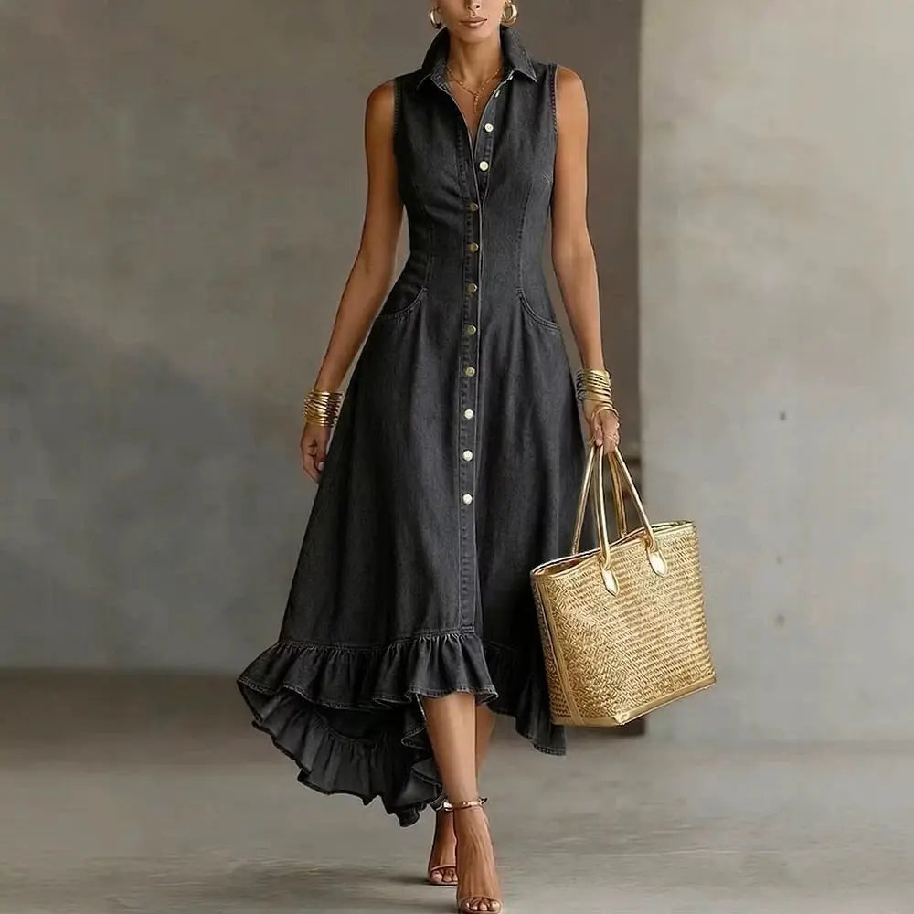 Elodie Ruffle Denim Midi Dress