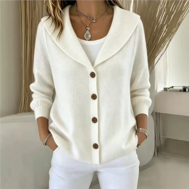 Woman wearing white shawl collar button front cardigan