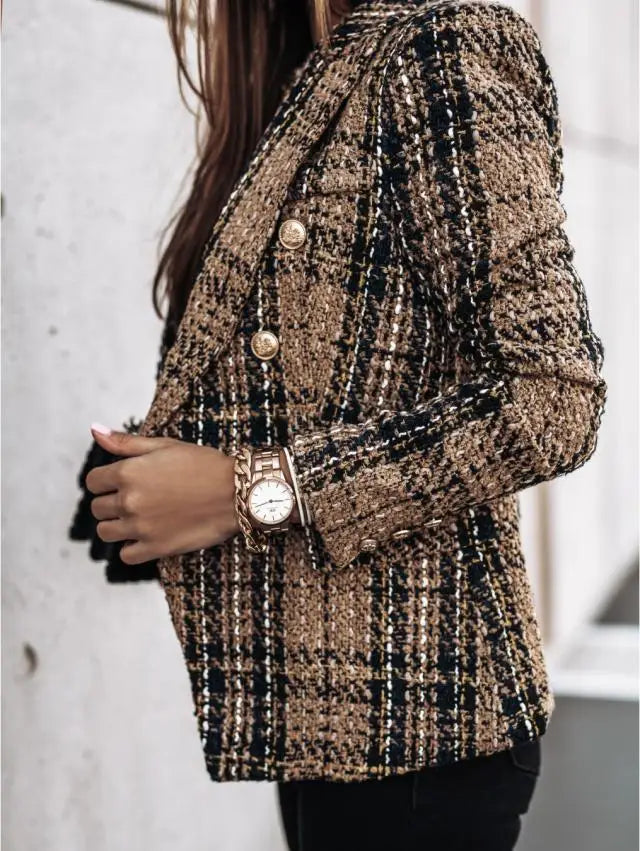 Close up of camel plaid blazer sleeve and button detail