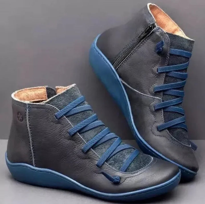 Navy blue lace-up ankle boots side profile detail