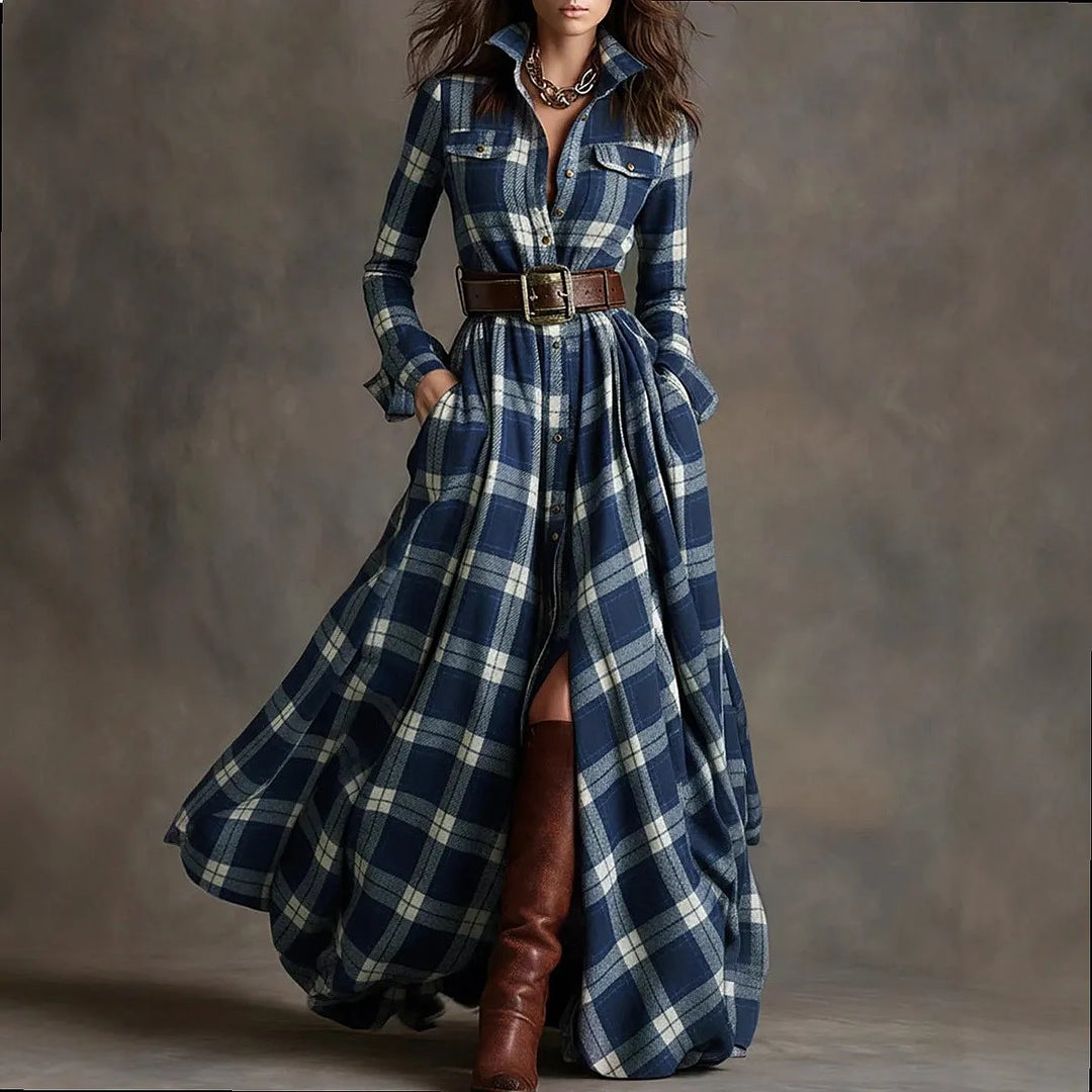 Woman wearing blue plaid belted maxi shirt dress