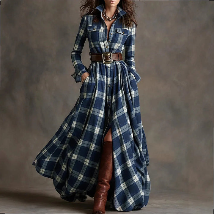 Woman wearing blue plaid belted maxi shirt dress