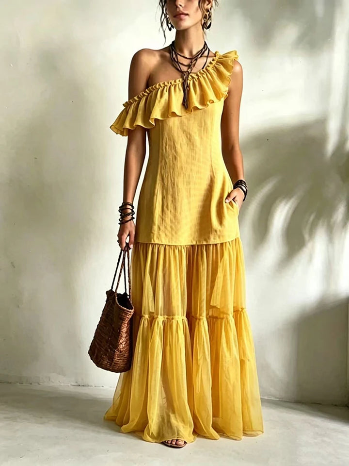 Brielle One Shoulder Asymmetrical Ruffle Maxi Dress