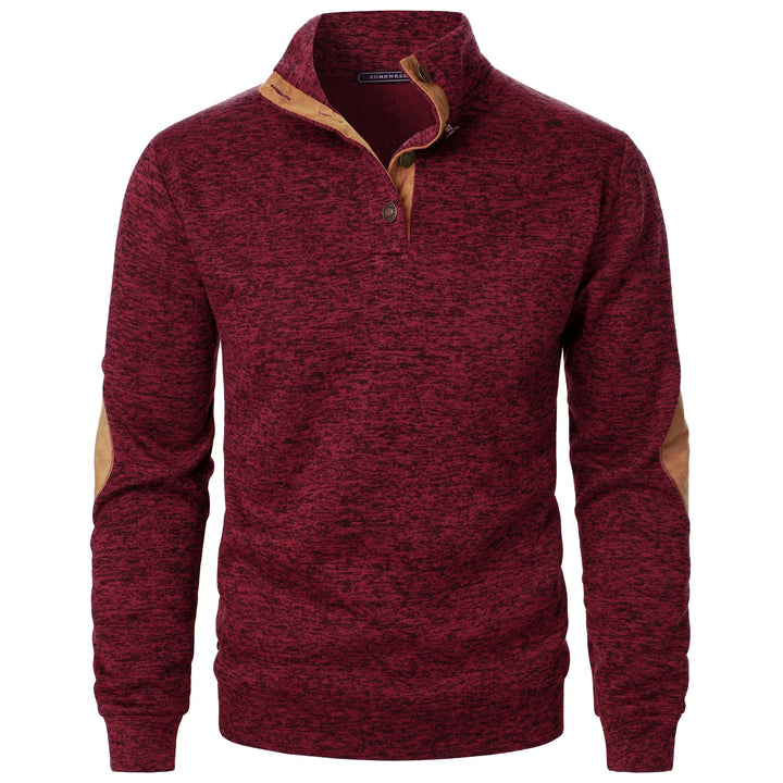Burgundy heathered quarter-button pullover with suede elbow patches, front view