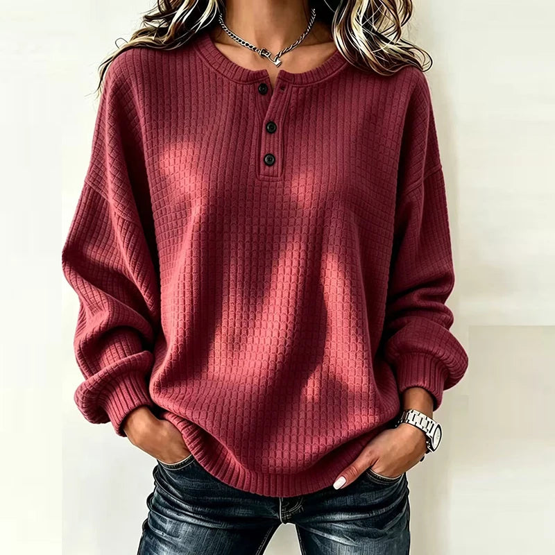 Burgundy waffle knit henley top with button placket