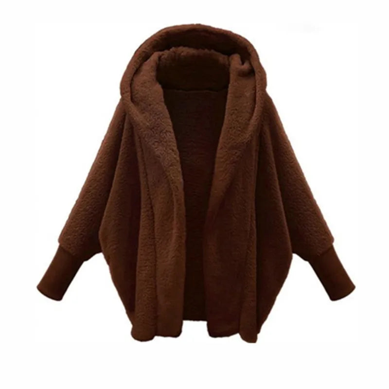 Brown hooded fleece coat with batwing sleeves, front view