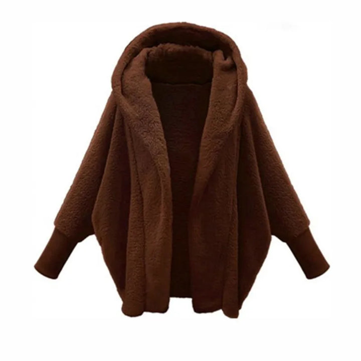 Brown hooded fleece coat with batwing sleeves, front view