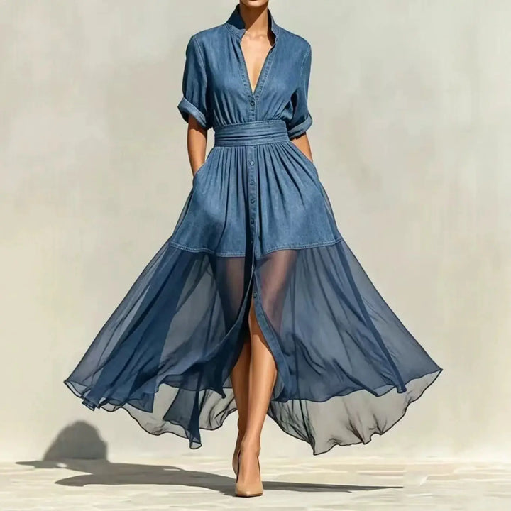 Elodie Chiffon Denim Maxi Dress