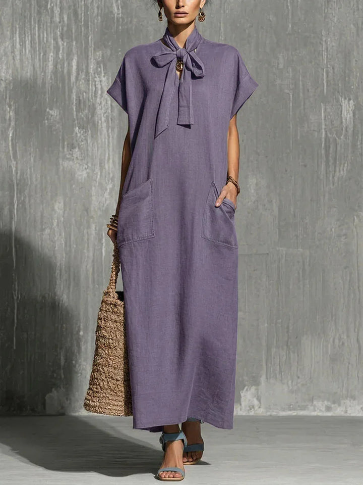 Charlotte Vintage V Neck Short Sleeve Flowing Maxi Dress