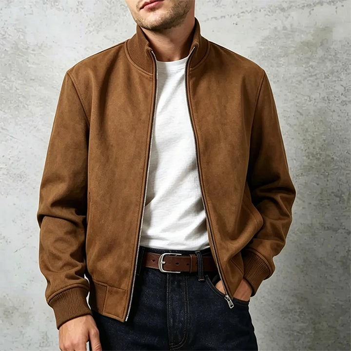 Man wearing brown suede bomber jacket close up view