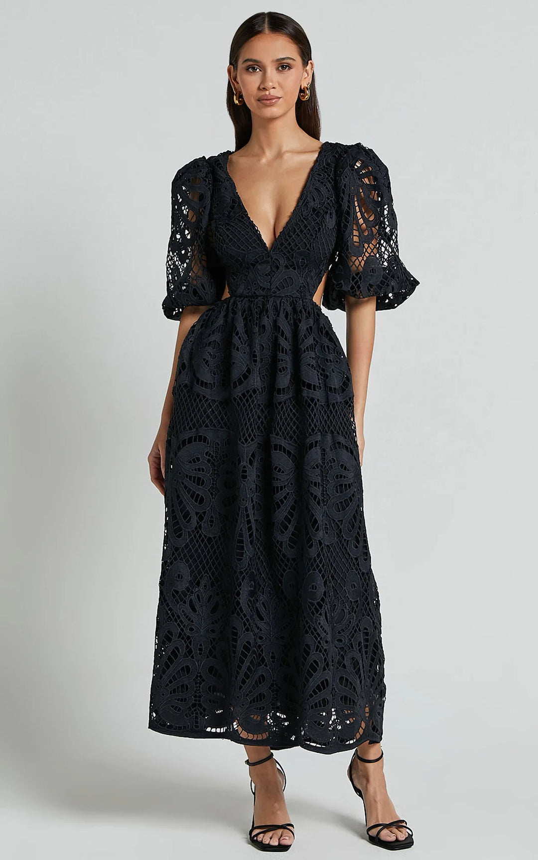 Vera Puff Sleeve Embroidered Lace Midi Dress