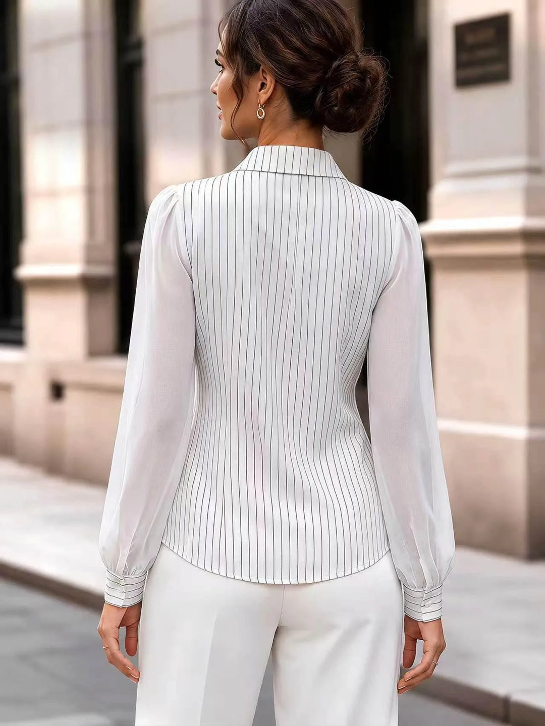White pinstripe belted blouse, back view