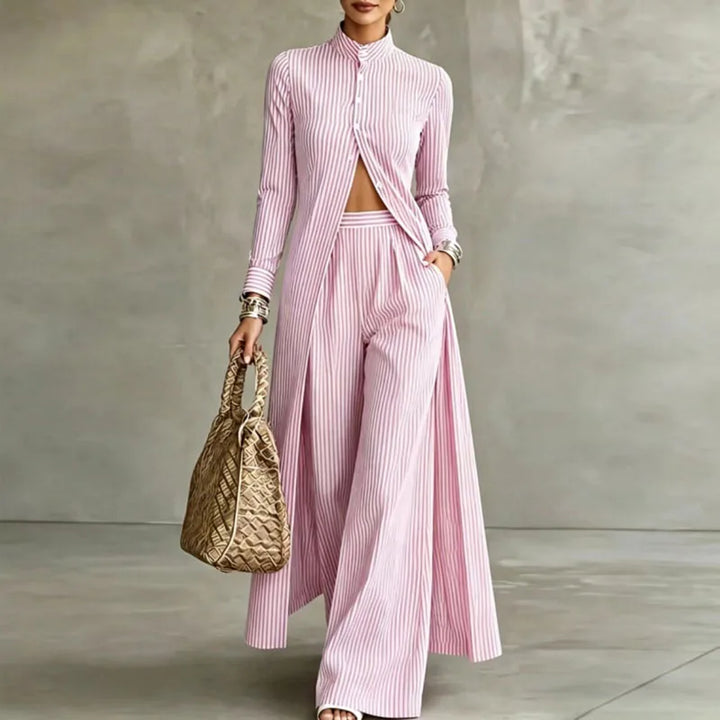 Front view of pink striped two piece set with front twist hem