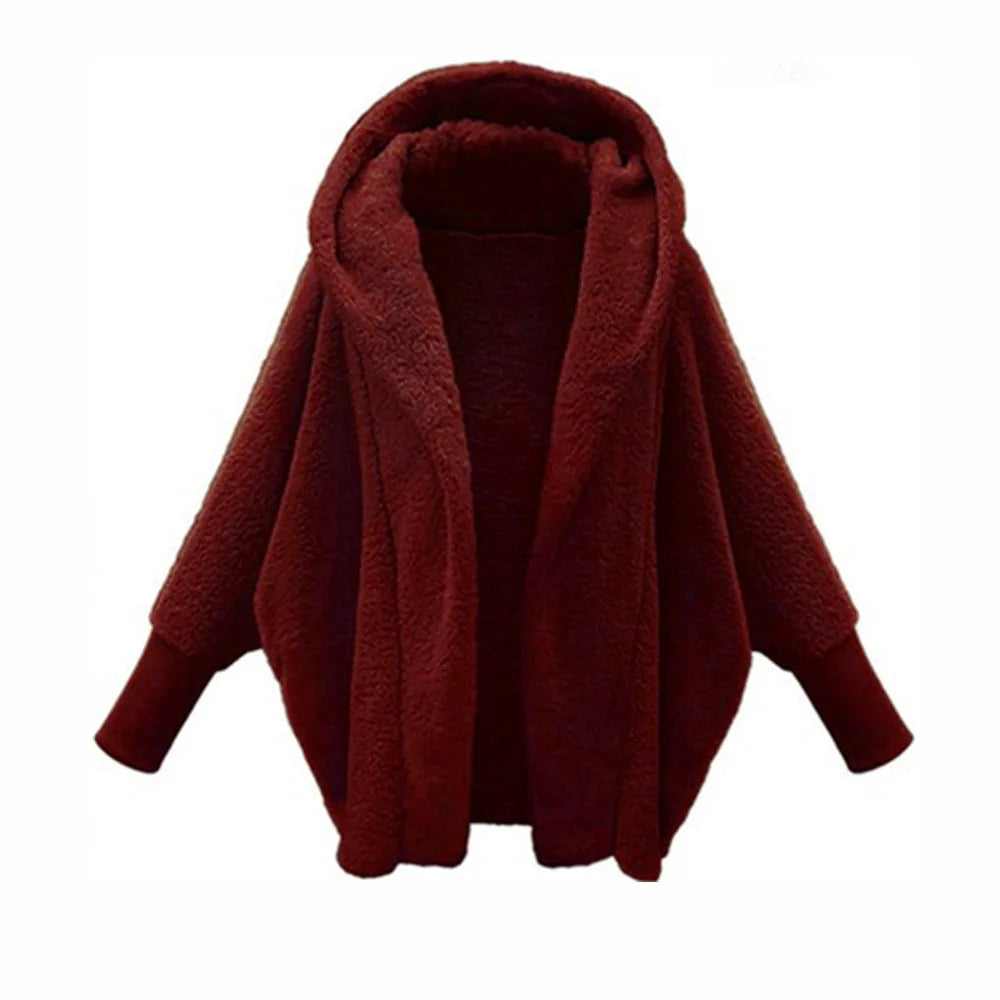 Burgundy hooded fleece coat with batwing sleeves, front view