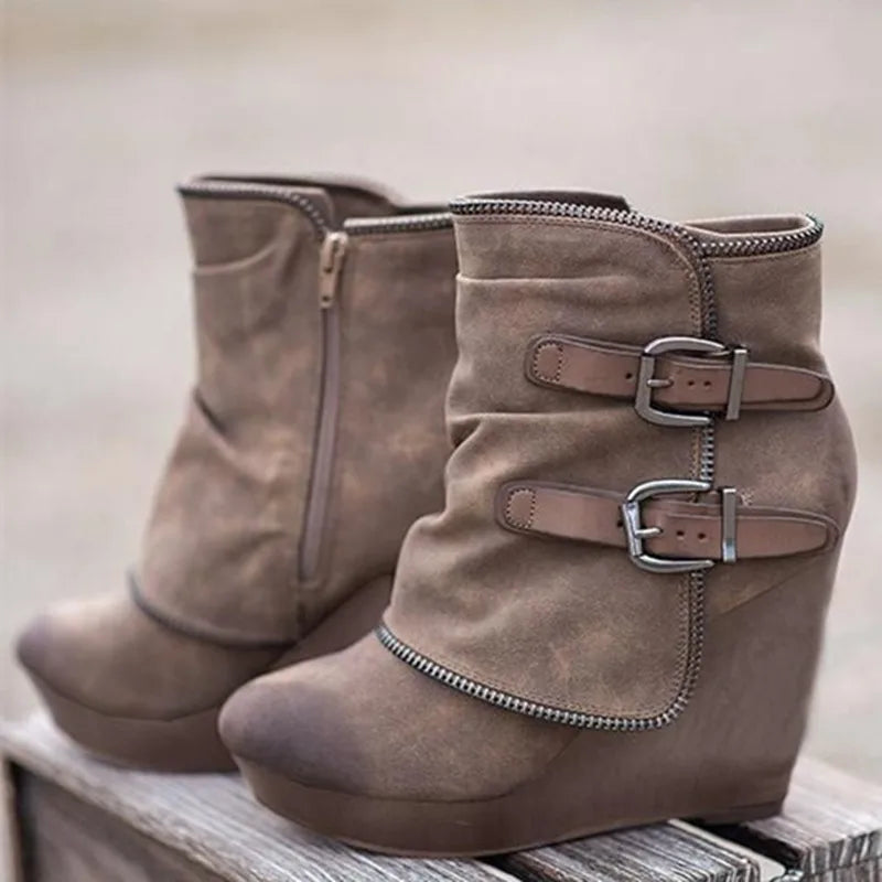 Khaki suede wedge ankle boots with double buckle straps