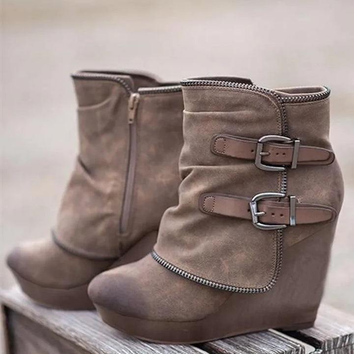 Khaki suede wedge ankle boots with double buckle straps