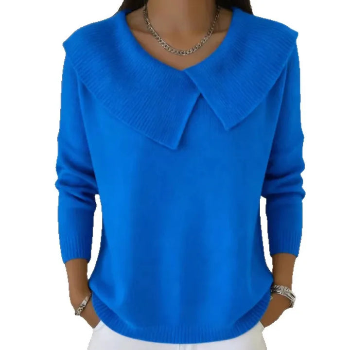 Blue sweater with oversized draped collar on white background