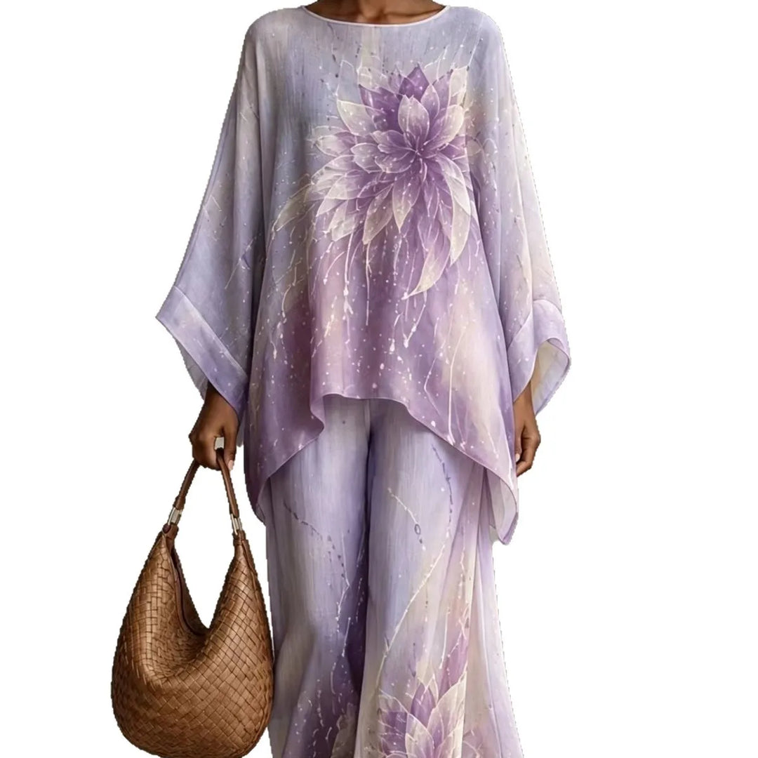 Woman wearing light purple floral print two piece pant set