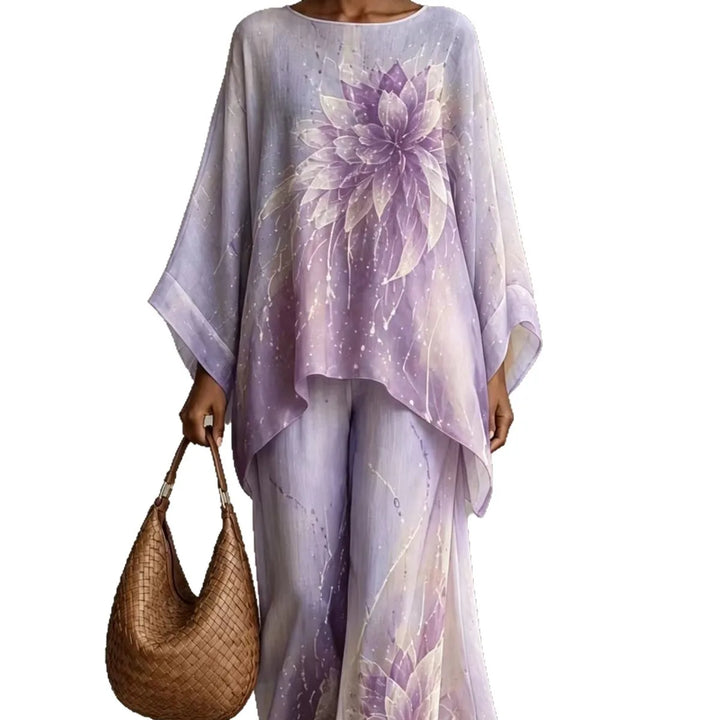 Woman wearing light purple floral print two piece pant set