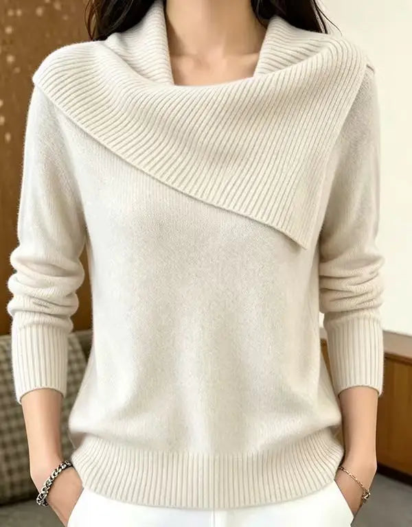 Apricot sweater with asymmetric foldover ribbed collar, front view