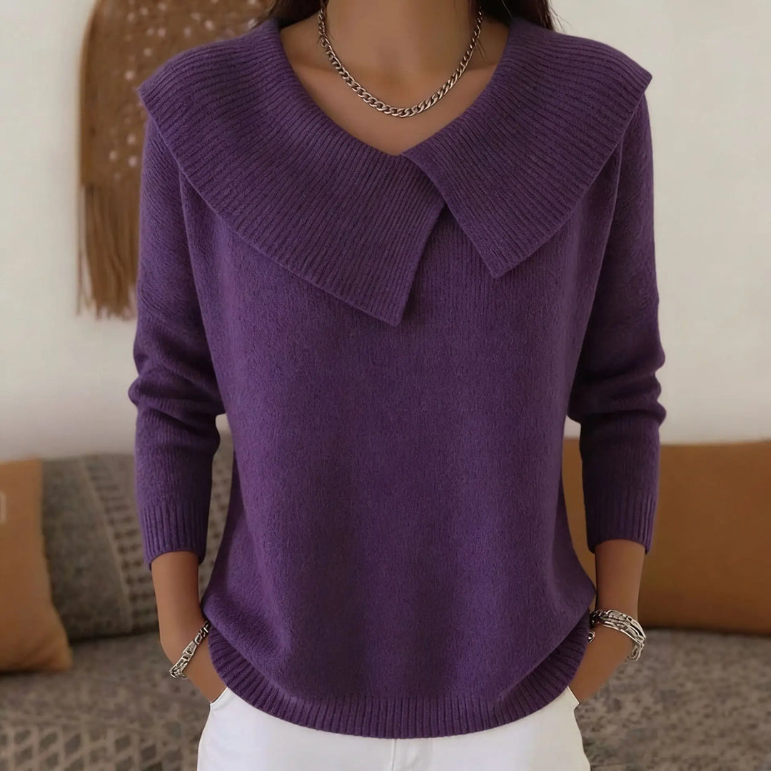 Purple sweater with oversized draped collar, front view