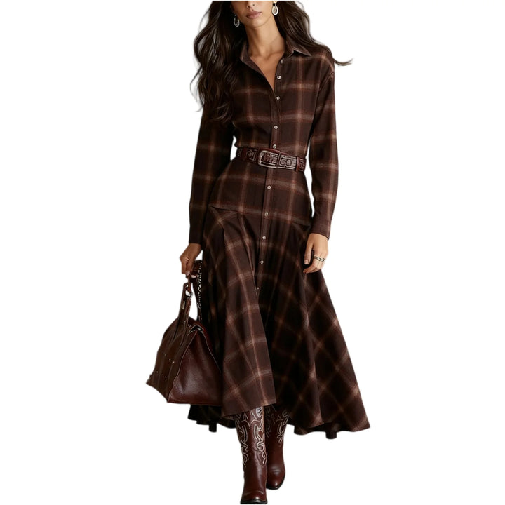 Woman wearing brown plaid button front shirt dress with belt, front view