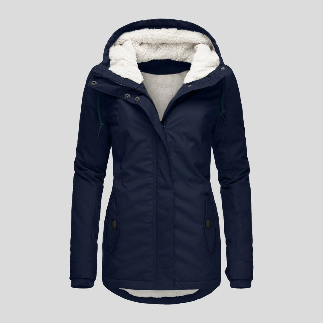 Navy hooded parka jacket with sherpa lined hood, front view