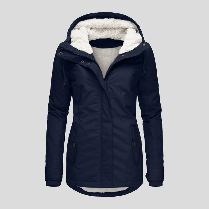 Navy hooded parka jacket with sherpa lined hood, front view