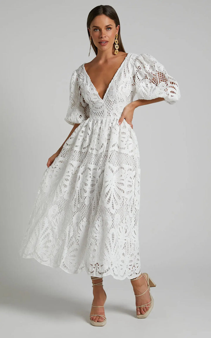 Vera Puff Sleeve Embroidered Lace Midi Dress