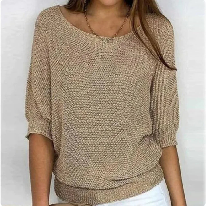 Taupe knit top with scoop neckline and three-quarter batwing sleeves