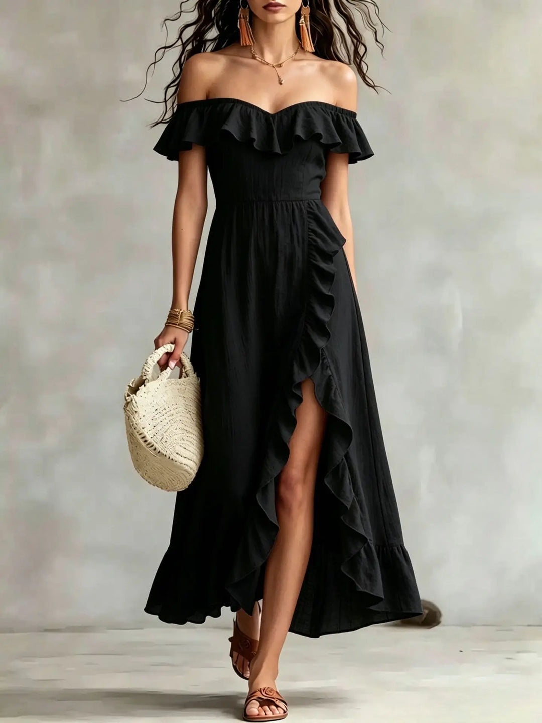 Arabella Off Shoulder Split Hem Maxi Dress
