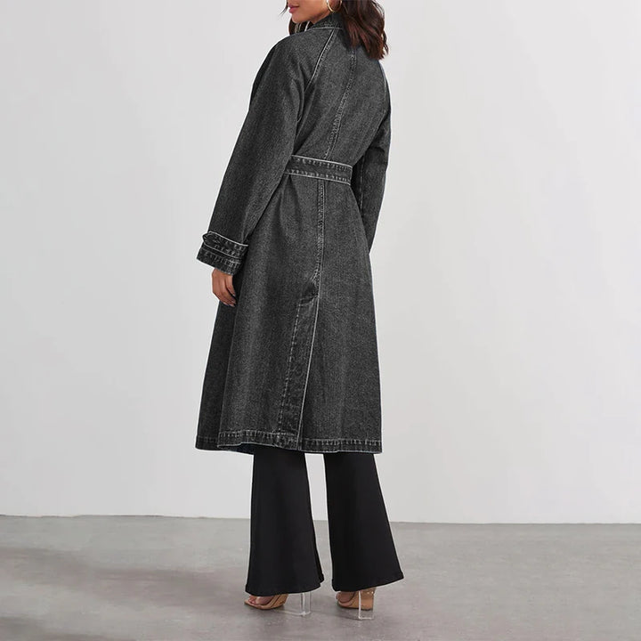Back view of grey denim trench coat with belted waist