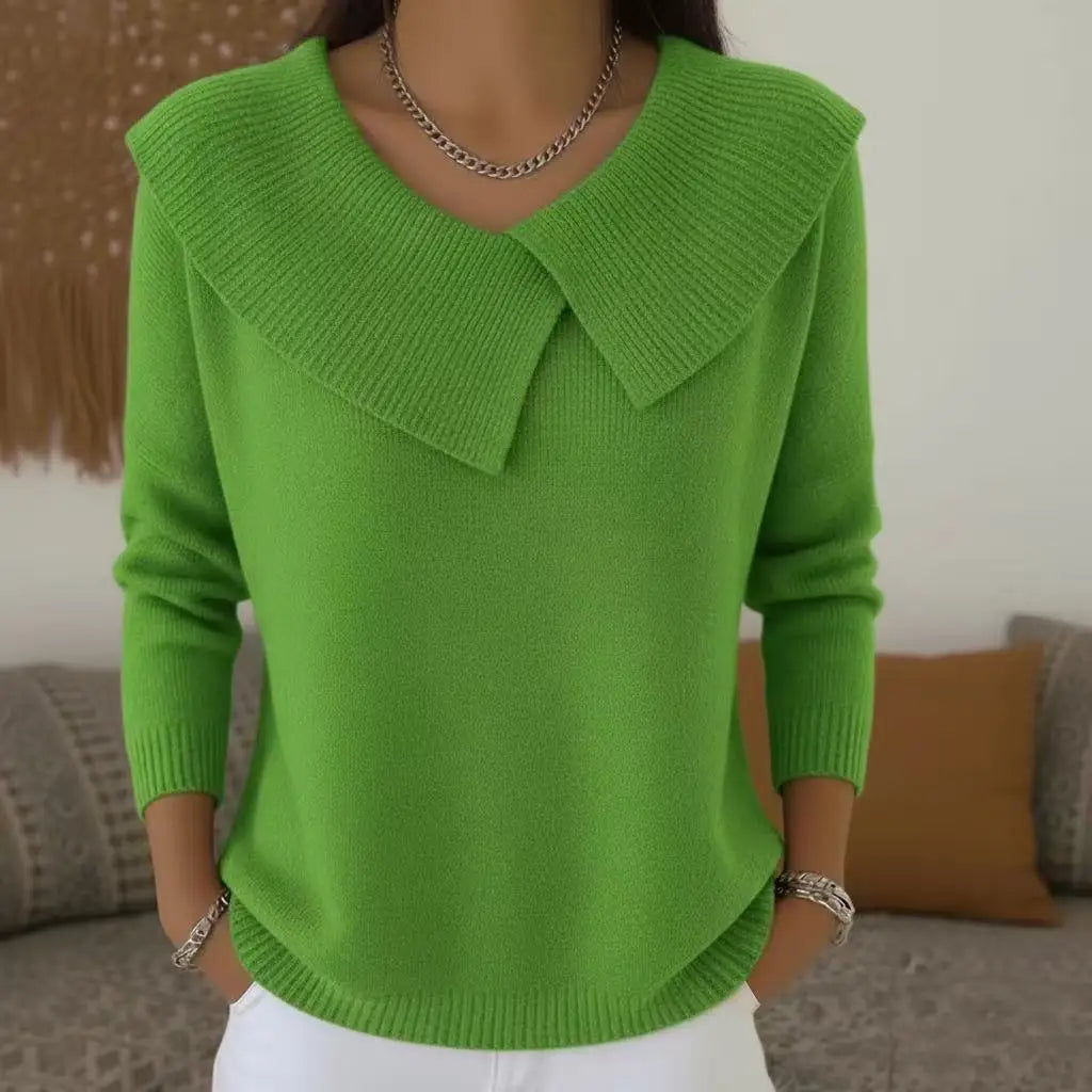 Slight green sweater with oversized draped collar, front view